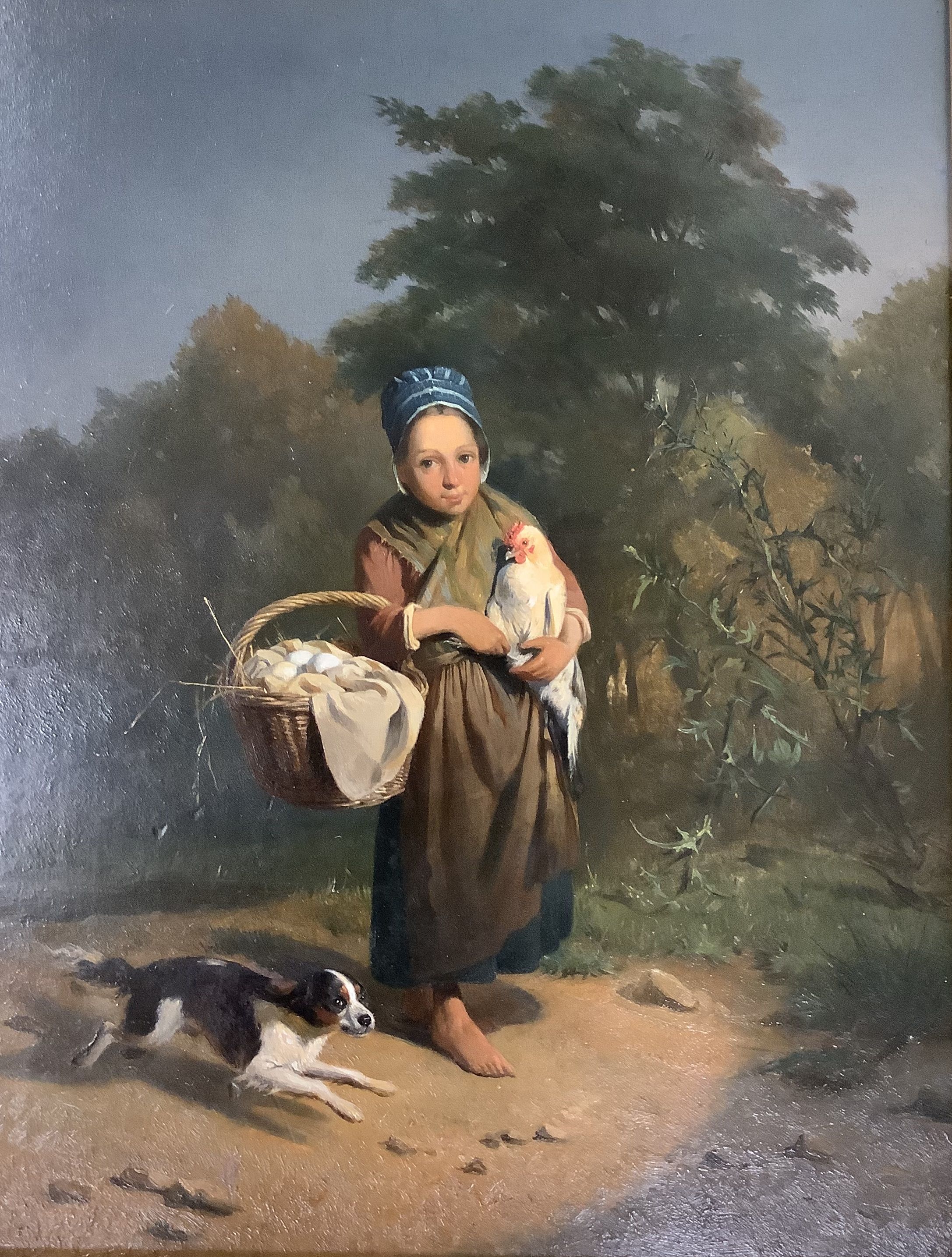 Continental school, 19th century, oil on panel, study of a peasant girl and her dog. 41x31cm